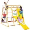 COSTWAY Aire De Jeux Portique Bois Enfants 8 En 1 Avec Toboggan Jeu D’Escalade Balançoire Barre De Singe Anneaux De Gymnastique Charge 240KG 1 An+, Coloré