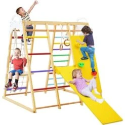 COSTWAY Aire De Jeux Portique Bois Enfants 8 En 1 Avec Toboggan Jeu D’Escalade Balançoire Barre De Singe Anneaux De Gymnastique Charge 240KG 1 An+, Coloré
