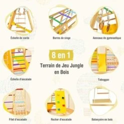 COSTWAY Aire De Jeux Portique Bois Enfants 8 En 1 Avec Toboggan Jeu D’Escalade Balançoire Barre De Singe Anneaux De Gymnastique Charge 240KG 1 An+, Coloré -Pas Cher Clair Jardin Magasin 90563446 3