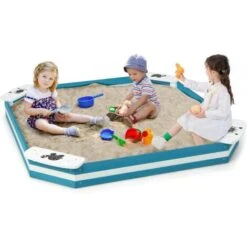 COSTWAY 2 En 1 Bac à Sable Pour Enfants 126 X 126 X 14 Cm Avec 4 Sièges Intégrés, Bac à Sable En Bois Massif Avec Motifs D'animaux Mignons, Structure Sans Fond Pour Enfants De 3 Ans+ (Bleu + Blanc)