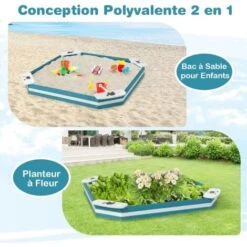 COSTWAY 2 En 1 Bac à Sable Pour Enfants 126 X 126 X 14 Cm Avec 4 Sièges Intégrés, Bac à Sable En Bois Massif Avec Motifs D'animaux Mignons, Structure Sans Fond Pour Enfants De 3 Ans+ (Bleu + Blanc) -Pas Cher Clair Jardin Magasin 91376387 3