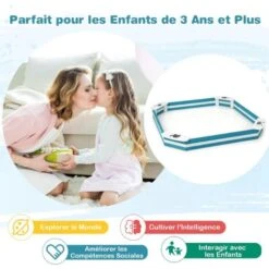 COSTWAY 2 En 1 Bac à Sable Pour Enfants 126 X 126 X 14 Cm Avec 4 Sièges Intégrés, Bac à Sable En Bois Massif Avec Motifs D'animaux Mignons, Structure Sans Fond Pour Enfants De 3 Ans+ (Bleu + Blanc) -Pas Cher Clair Jardin Magasin 91376387 4