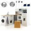 DREAMADE Cuisine Enfant De 3+ Ans , Avec Micro-Ondes, Cuisinière, Téléphone, Cuisine En Bois Avec 5 Accessoires, Équipé Sonore Et Lumineuse (Blanc)