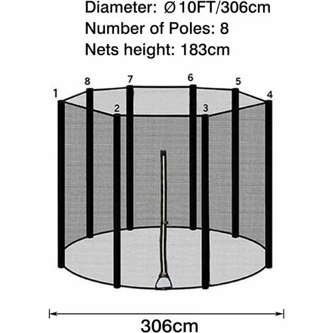 BDD Filet De Sécurité De Remplacement Pour Trampoline, Ø305cm Filet De Sécurité Pour Trampoline Avec Fermeture éclair, Filet De Sécurité 8 Poteaux Droits 2 BDD Filet De Sécurité De Remplacement Pour Trampoline, Ø305cm Filet De Sécurité Pour Trampoline Avec Fermeture éclair, Filet De Sécurité 8 Poteaux Droits – Image 2