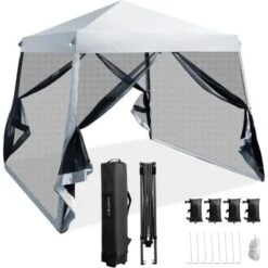 GOPLUS 3x3m Tonnelle De Jardin Avec Mousquetaire Amovibles Pour 8-10 Personnes, Barnum Pliable Avec Sac Rangement à Roues Anti - UV Pour Pique Niques, Fête, Camping (Gris, 300x300cm) -Pas Cher Clair Jardin Magasin 95537536 4