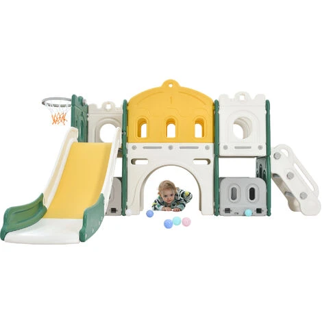 Toboggan Pour Enfants 6 En 1 - Avec Panier De Basket, Toboggan, Tour D'escalade, Passerelle, Château - Vert 2 Toboggan Pour Enfants 6 En 1 - Avec Panier De Basket, Toboggan, Tour D'escalade, Passerelle, Château - Vert – Image 2