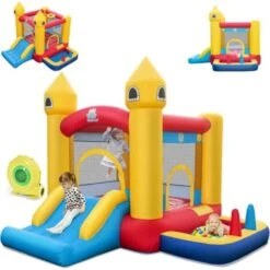 COSTWAY Château Gonflable 6 En 1 Enfants Avec Souffleur 480W, Maison De Saut Gonflable En Tissu Oxford Avec Piscine à Balles, Panier De Basket, Toboggan, 50 Balles Pour Jardin Pelouse Fête, 3-10 Ans