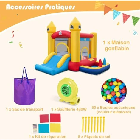 COSTWAY Château Gonflable 6 En 1 Enfants Avec Souffleur 480W, Maison De Saut Gonflable En Tissu Oxford Avec Piscine à Balles, Panier De Basket, Toboggan, 50 Balles Pour Jardin Pelouse Fête, 3-10 Ans 5 COSTWAY Château Gonflable 6 En 1 Enfants Avec Souffleur 480W, Maison De Saut Gonflable En Tissu Oxford Avec Piscine à Balles, Panier De Basket, Toboggan, 50 Balles Pour Jardin Pelouse Fête, 3-10 Ans – Image 5
