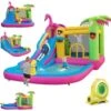 COSTWAY Château Gonflable Thème Tropical Avec Souffleur 680W, Long Toboggan Aquatique,Piscine à Eclaboussures Ballon Océanique