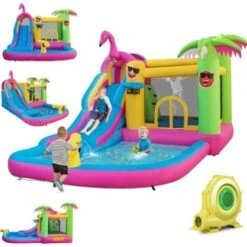 COSTWAY Château Gonflable Thème Tropical Avec Souffleur 680W, Long Toboggan Aquatique,Piscine à Eclaboussures Ballon Océanique