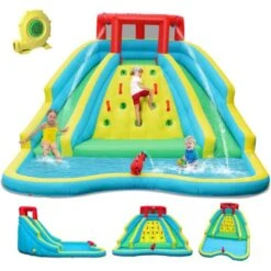 GOPLUS Château Gonflable Avec Toboggans& Pataugeoire Avec Canon à Eau, Mur D’Escalade, Aire De Jeux Gonflable, Avec Souffleur 680w, Cadeau Pour 3 Enfants De 3 à 10 Ans 160KG