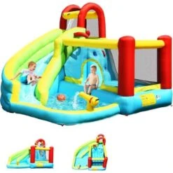 GOPLUS Château Gonflable Aquatique Avec Piscine,Pistolet D’Eau Toboggan Aquatique Pour Enfants 3-10 Ans (Bleu, Sans Souffleur)