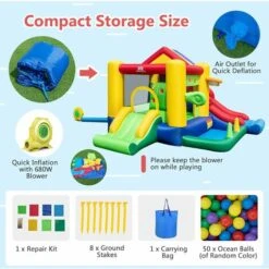 GOPLUS Château Gonflable Enfant Arc En Ciel Souffleur 680W Avec Toboggan Et Panier De Basket, Parc Gonflable Avec Mur D’Escalade, Piscine Et Aire De Saut, Convient Pour 2 Enfants De 3 à 10 Ans -Pas Cher Clair Jardin Magasin 96349818 4