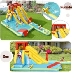 COSTWAY Château Gonflable 8 En 1 Avec Double Toboggan Aquatique, Maison De Rebond Gonflable Avec Mur D’Escalade, Pistolet à Eau, Anneaux De Natation Pour 3 Enfants De 3-10 Ans (sans Souffleur) -Pas Cher Clair Jardin Magasin 97374118 4