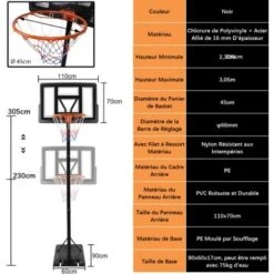 Froadp Panier De Basket-ball, 230-305cm Réglable En Hauteur, Poteau De Basket Portables Pour Indoor Et Outdoor -Pas Cher Clair Jardin Magasin 99615538 2